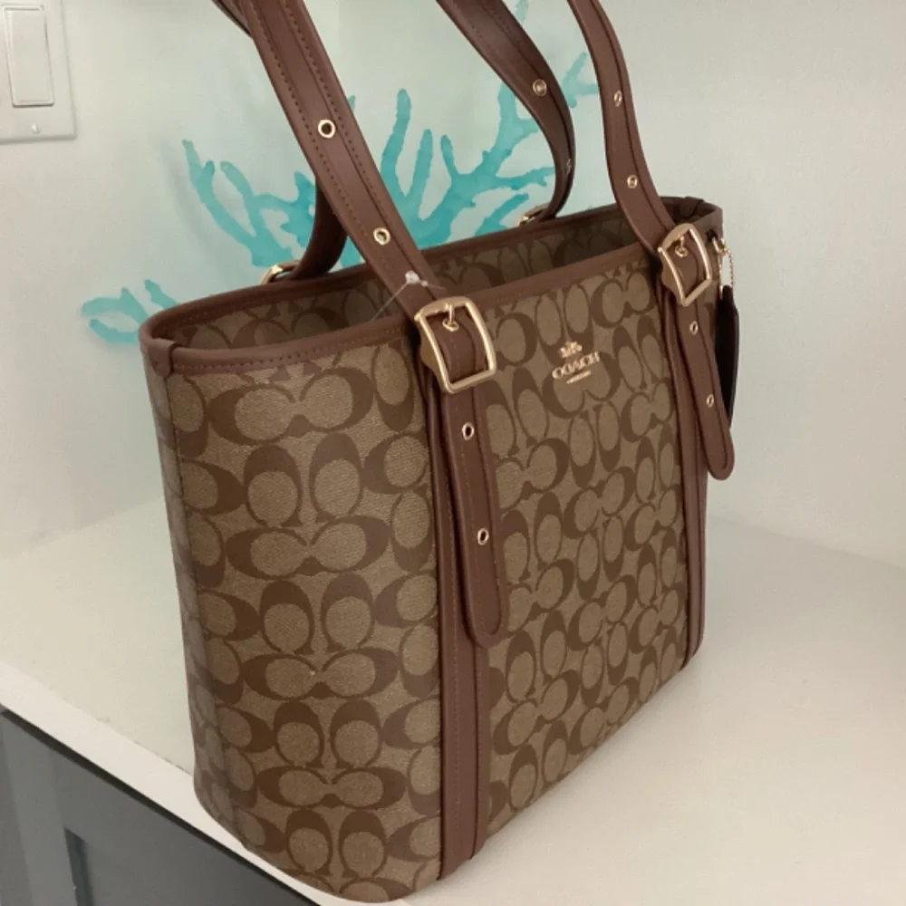 NWT COACH Signature Leather TOTE Shoulder Khaki Brown Saddle Bag $500